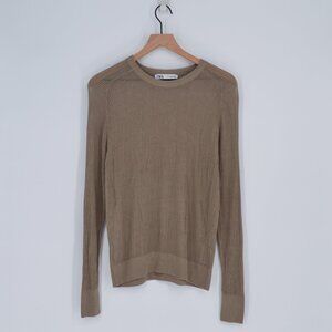 Zara Mesh Open Knit Sweater Tan Women's M Raglan Sleeve Crewneck Pullover Medium